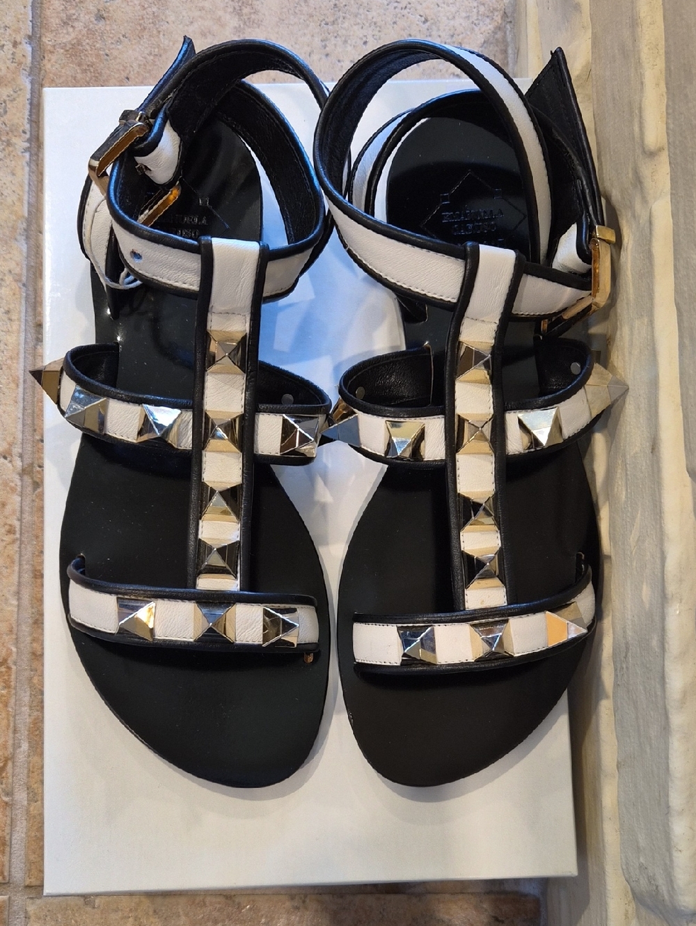 Emanuela Caruso Black and White Studded T-Strap Women’s Sandals